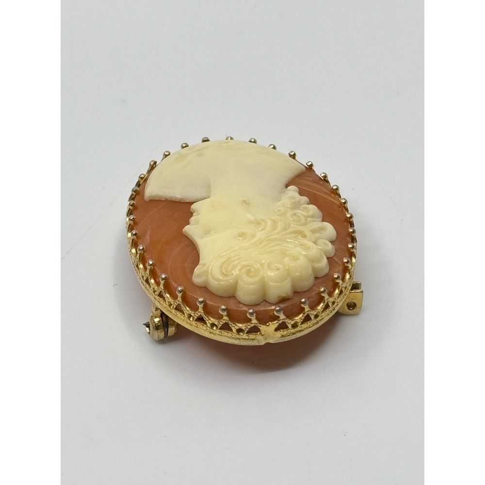 Vintage Gold Tone Oval Cameo Brooch Female Profile Orange Cream Victorian Style - Picture 4 of 8